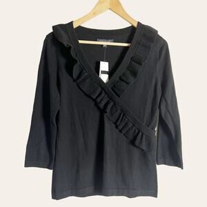 Banana Republic Merino Wool Black Surplice Ruffled 3/4 Sleeve Sweater Top Size S